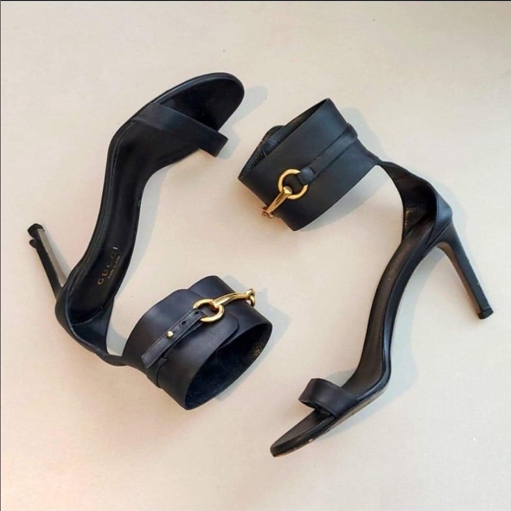 Gucci Black Leather Horsebit Ankle Cuff "Ursula" Sandal